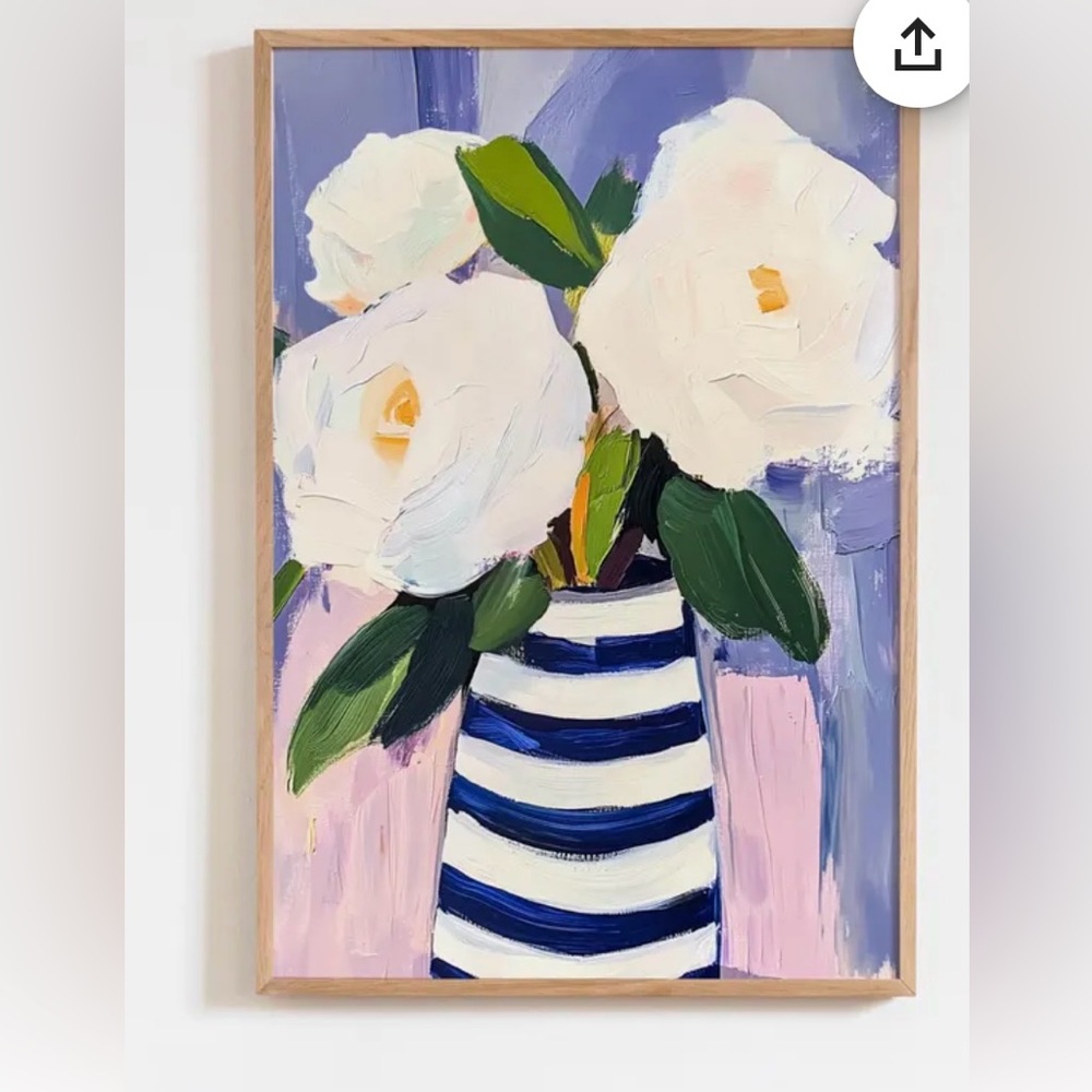 Floral Matte White Camellias in  Blue Striped Vase